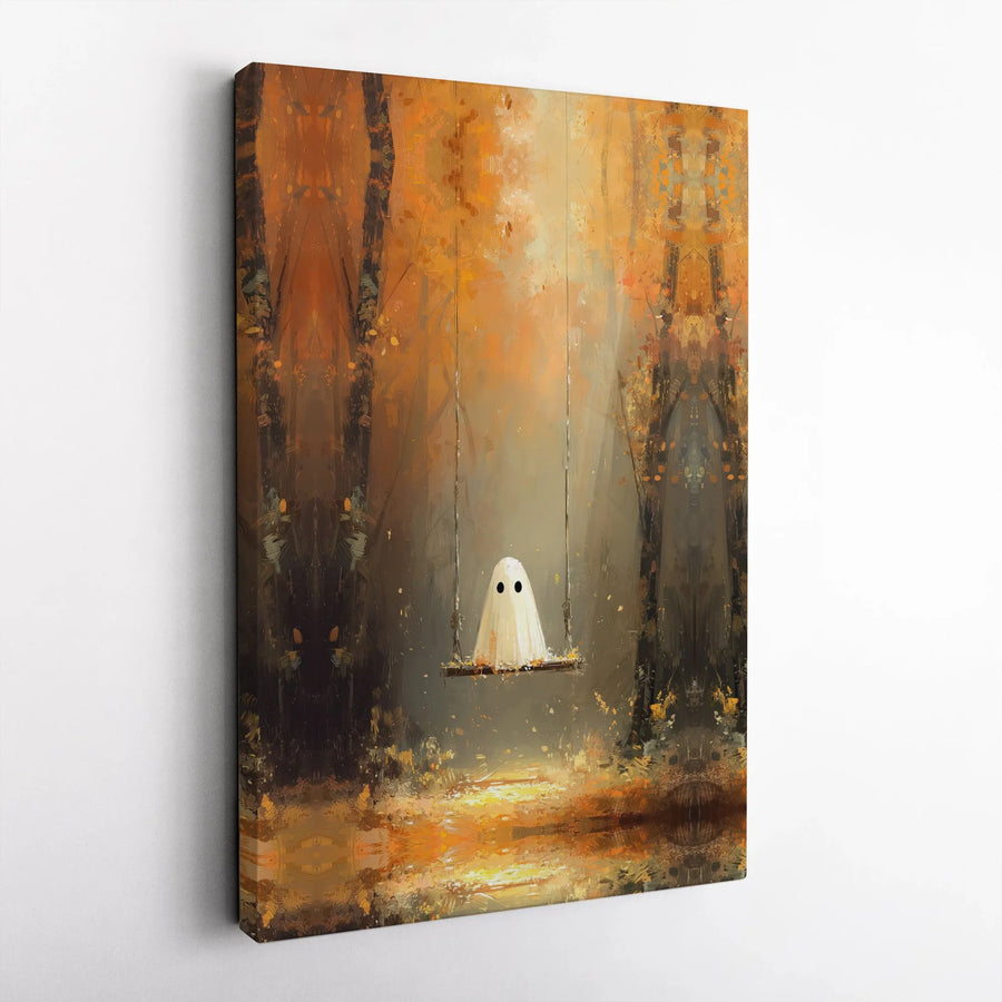 Ghost on Swing Canvas Wall Art | Whimsical Autumn Forest Painting | Premium Frameless Canvas | Spooky Season Home Decor Gift
