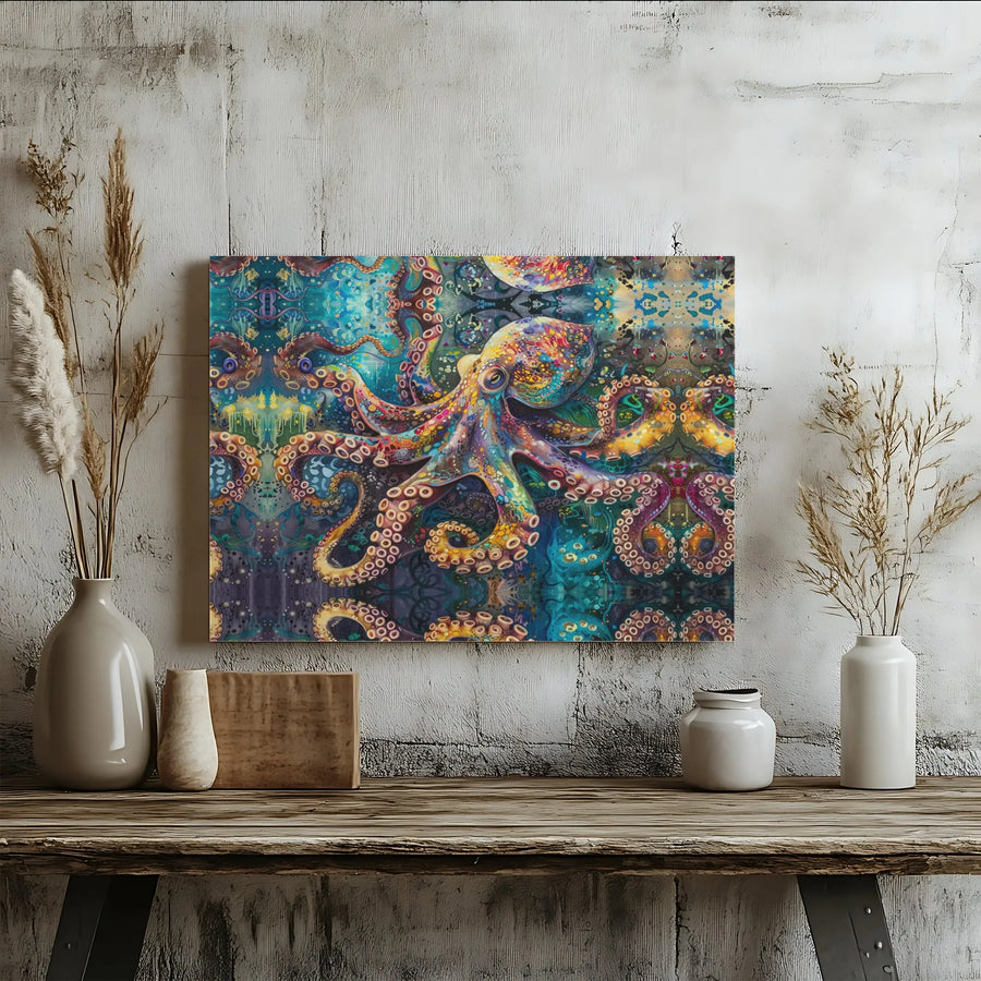 Psychedelic Octopus Canvas Wall Art | Colorful Abstract Kraken Painting Print | Premium Gallery Wrap Canvas | Unique Ocean Lover Gift