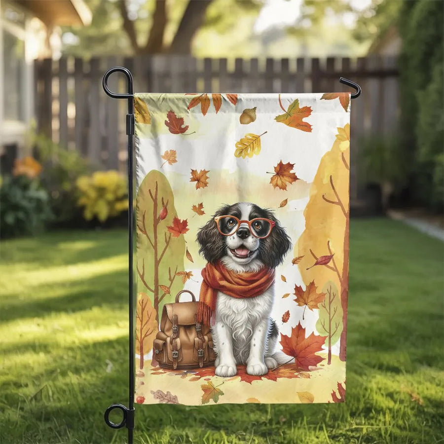 Autumn Dog Garden Flag | Scholarly Puppy with Falling Leaves | Double Sided Premium Polyester | Seasonal Yard Decor Gift for Dog Lovers