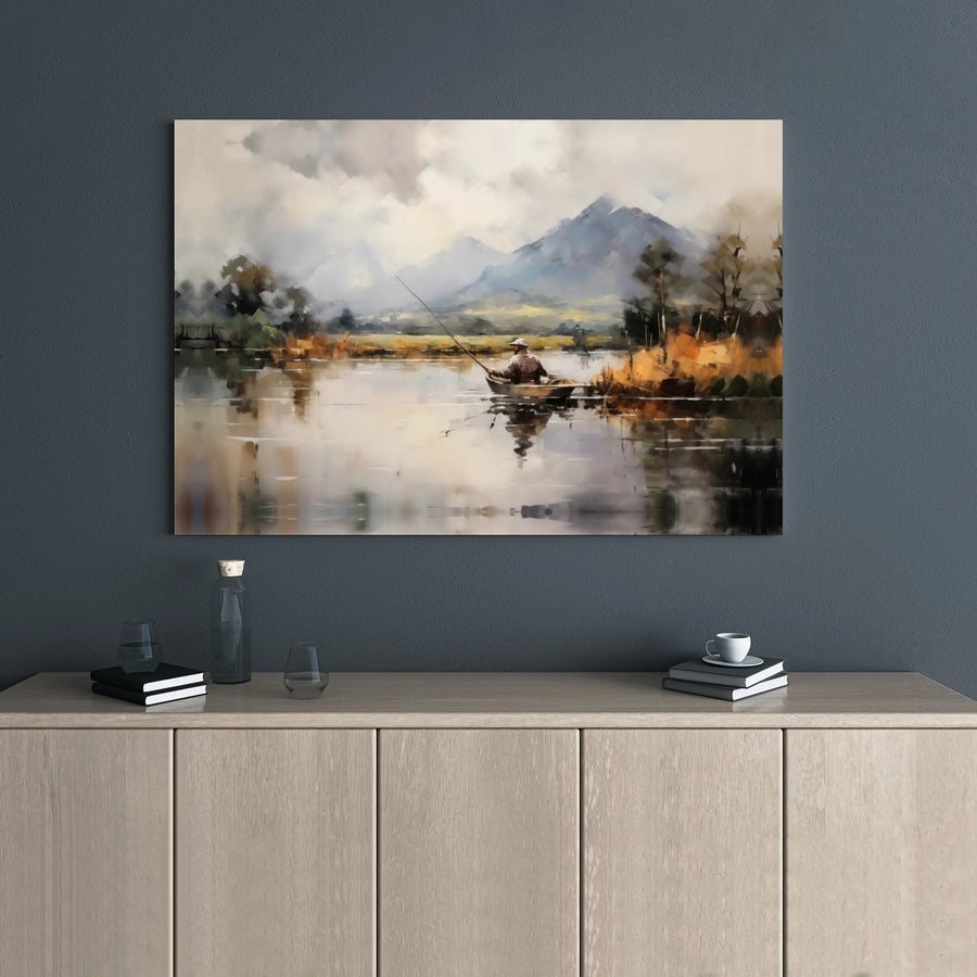 Fisherman in Boat Canvas Print | Mountain Lake Impressionist Wall Art | 1.25-Inch Gallery Wrap | Premium Nature Decor Gift for Outdoorsmen