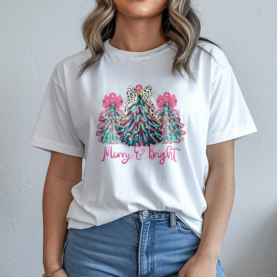 Merry & Bright Christmas T-Shirt | Colorful Leopard Print Holiday Trees | Premium Soft Cotton | Festive Gift for Women & Girls