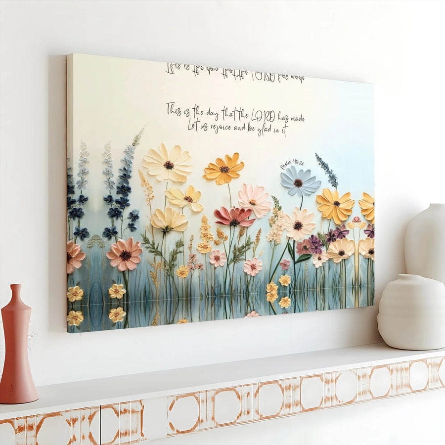 Bible Verse Canvas Wall Art | Psalm 118:24 Textured Floral Print | Premium Gallery Wrapped Canvas | Christian Home Decor Inspirational Gift
