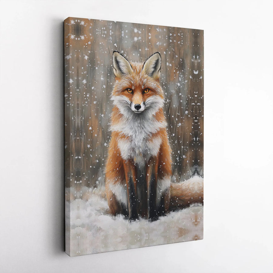 Red Fox Canvas Wall Art | Snowy Winter Forest Wildlife Portrait | Gallery Wrap Premium Print | Rustic Nature Home Decor Gift
