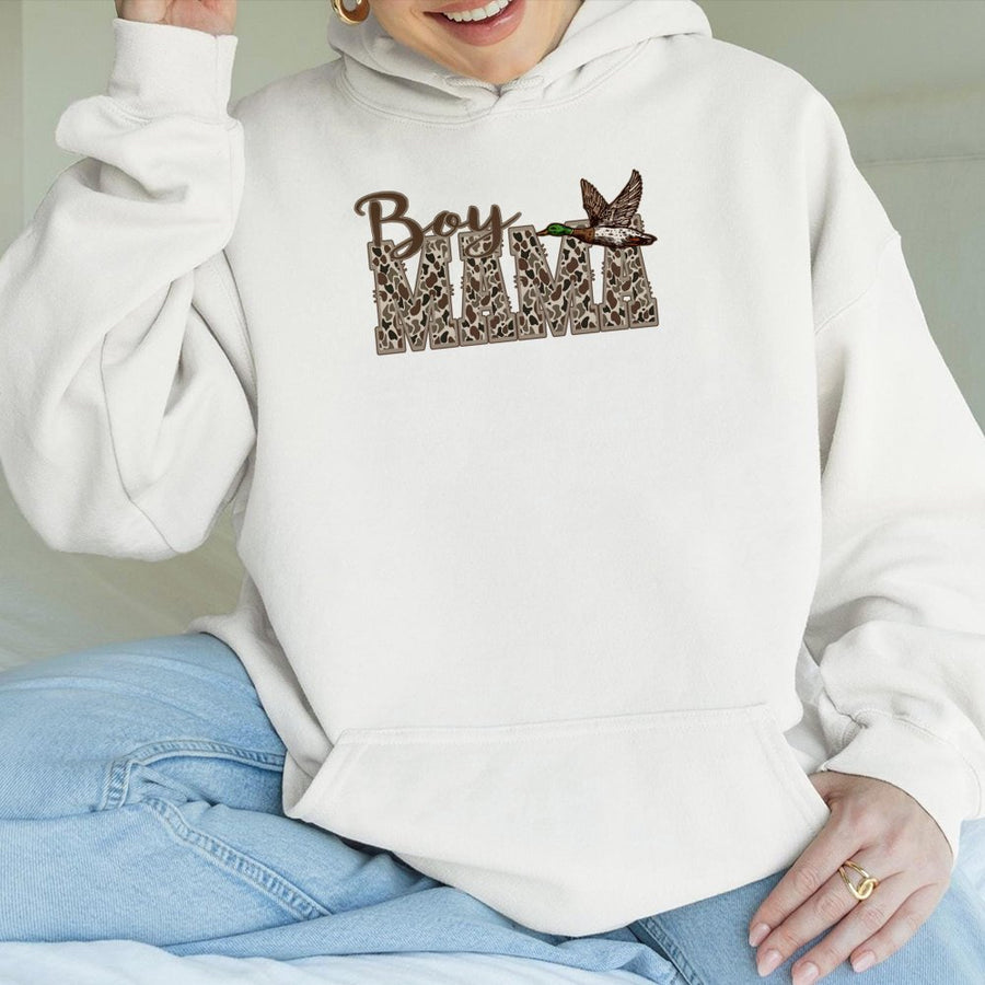 Boy Mama Hoodie | Mallard Duck Hunting Camo Print | Premium Cotton-Blend | Gift for Outdoorsy Mom