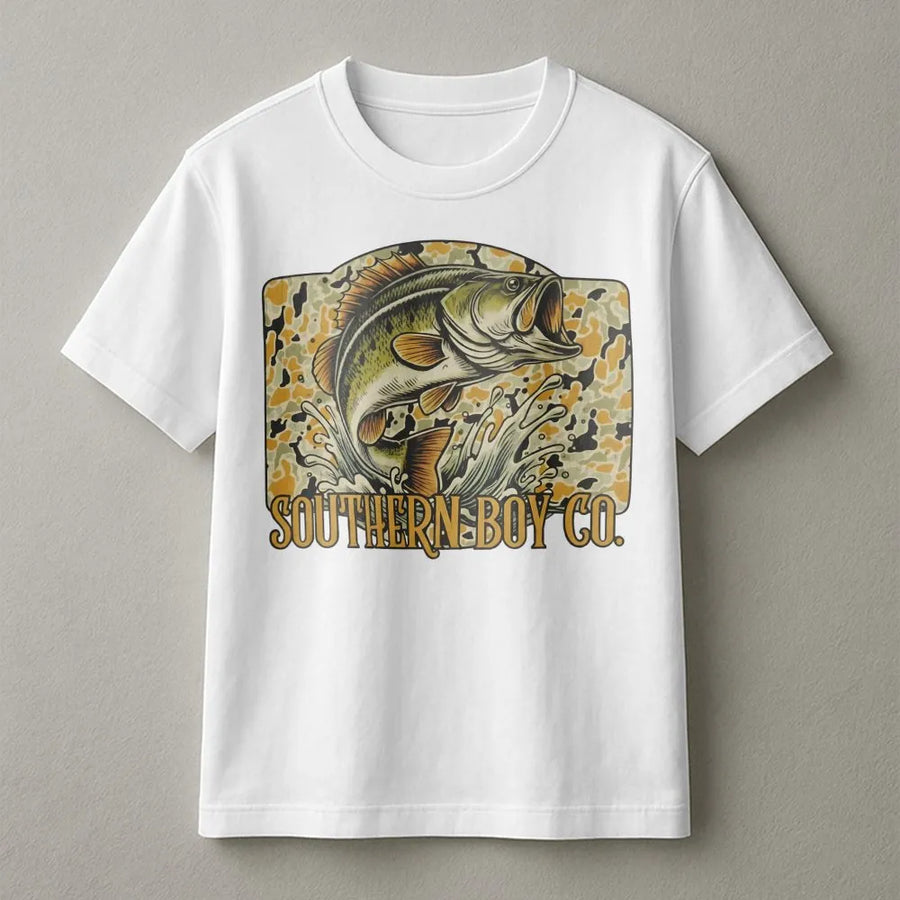 Bass Fishing T-Shirt | Camo Wildlife Graphic | Premium Soft Cotton | Outdoor Country Gift For Fisherman