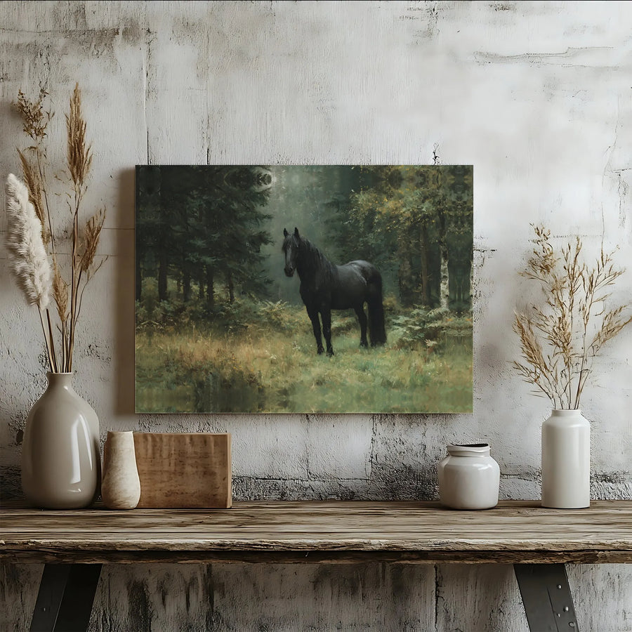 Black Horse Wall Art | Moody Forest Landscape Oil Painting Style | Premium Gallery Wrap Canvas | Horse Lover Gift for Home Office Decor