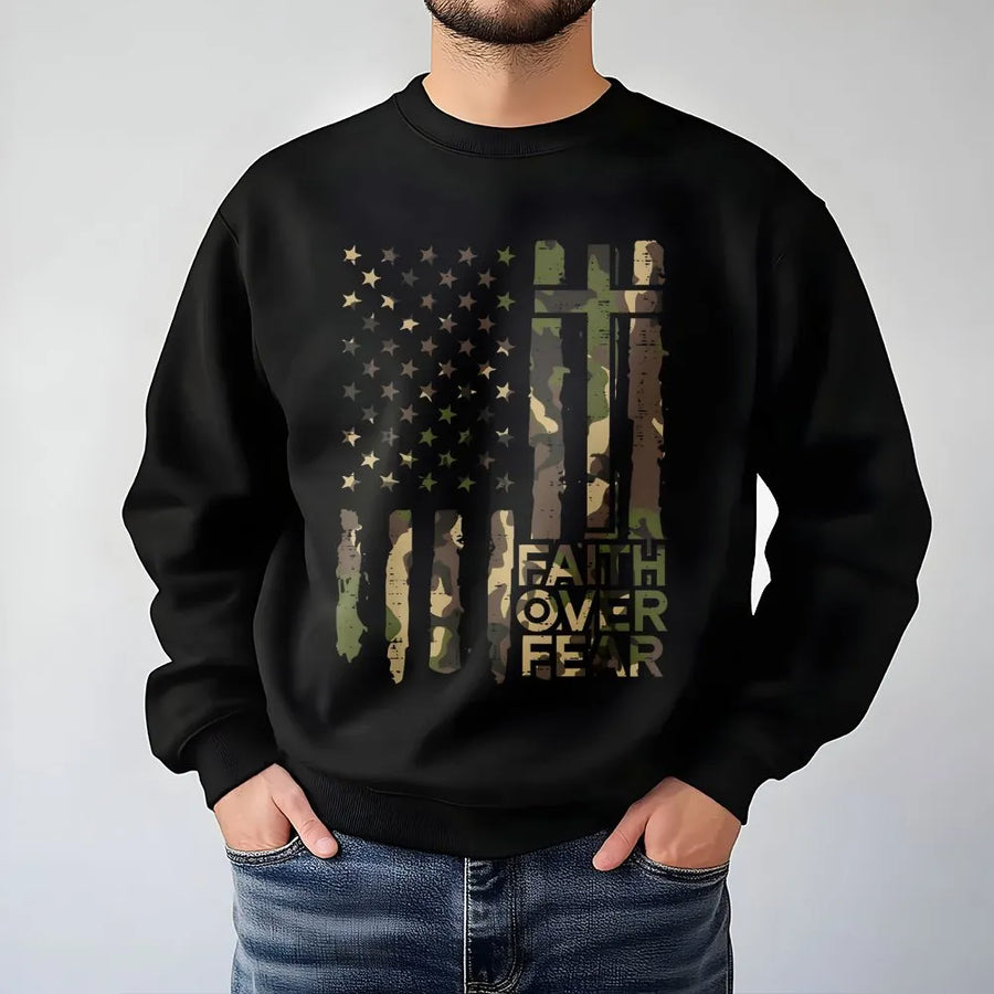 Faith Over Fear Sweatshirt | Camo American Flag Cross Graphic | Premium Cotton Blend | Inspirational Christian Patriotic Gift for Men Women