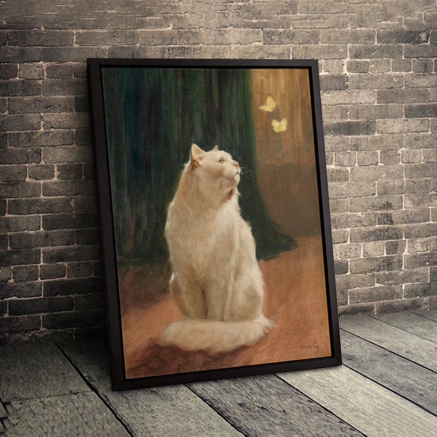 White Cat Canvas Wall Art | Vintage Style Painting of Cat and Butterflies | 1.25 Inch Premium Gallery Wrap | Home Decor Gift for Cat Lovers