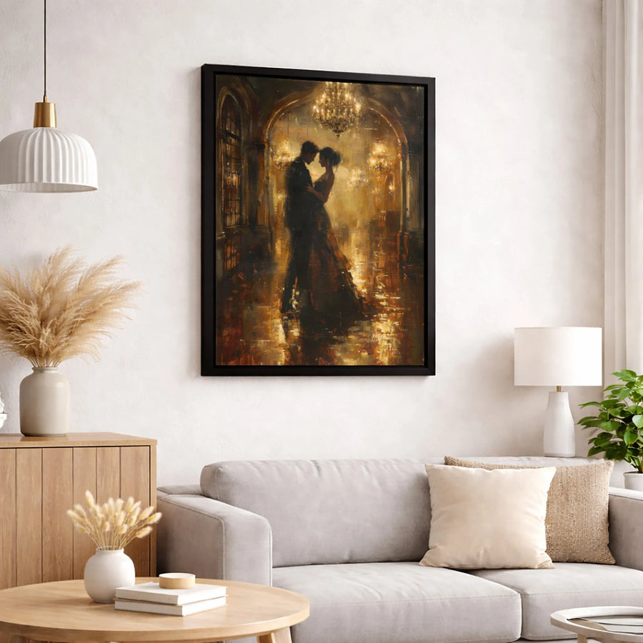 Romantic Ballroom Dance Canvas Print | Elegant Couple Golden Chandelier Art | Premium Gallery-Wrapped Wall Decor | Anniversary Gift for Couple