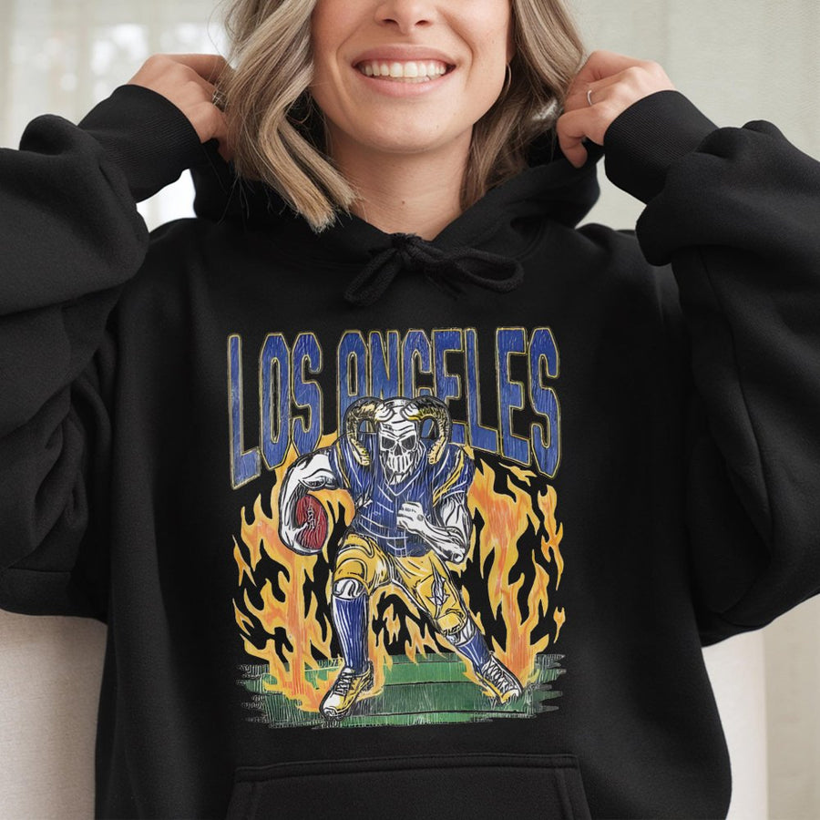 Los Angeles Rams Skeleton Football Player With Flames Hoodie