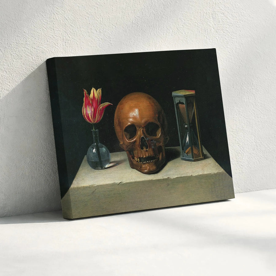 Vanitas Skull Still Life Canvas Art | Memento Mori Painting with Hourglass | Premium Matte Canvas Print | Collector's Dark Academia Gothic Decor