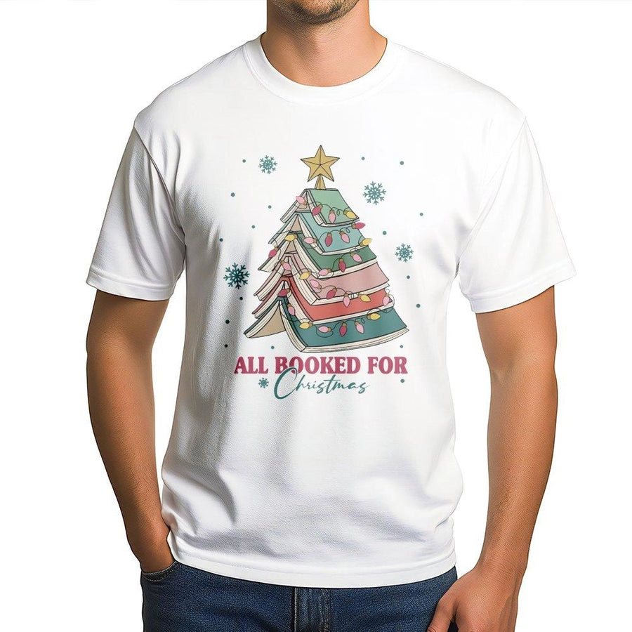 All Booked For Christmas T-Shirt | Library Book Tree Graphic Tee | Premium Soft Cotton Shirt | Bookworm Gift for Librarian and Readers
