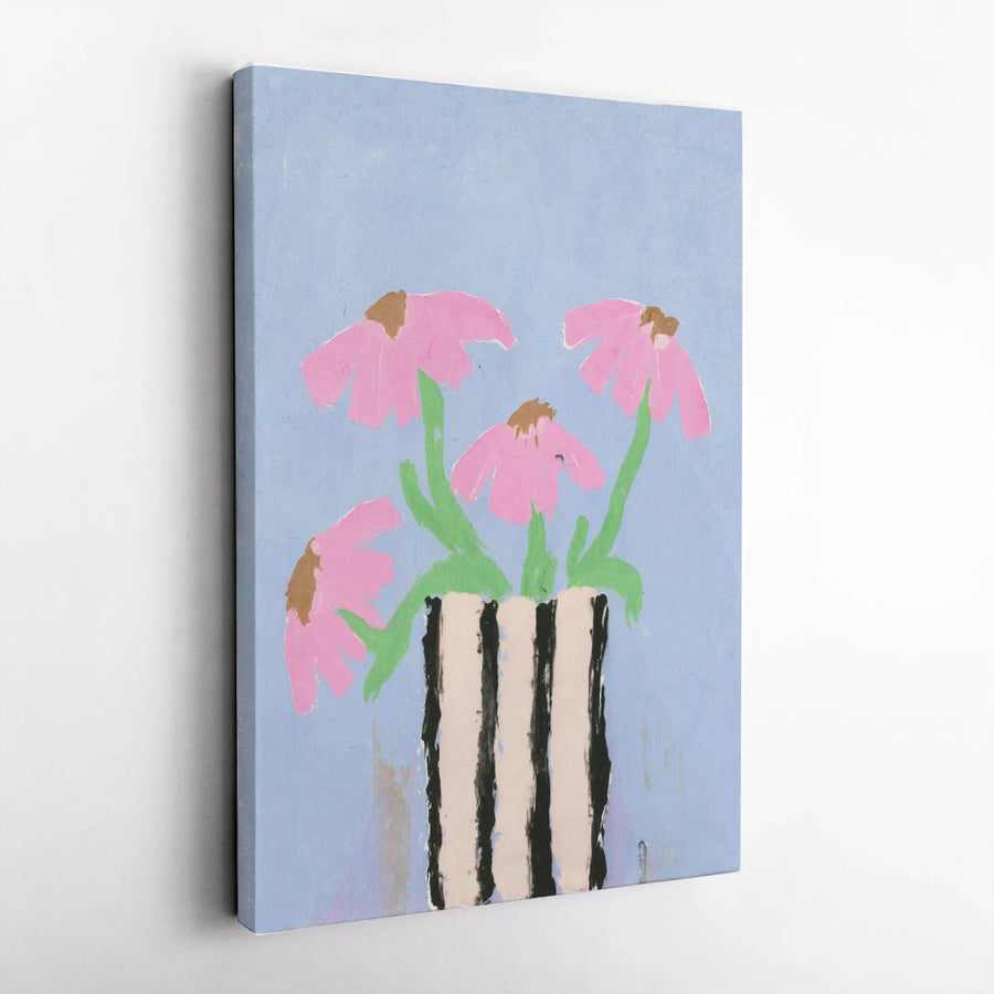 Abstract Echinacea Floral Canvas Print | Painterly Flowers in Striped Vase | Premium Gallery Wrap Canvas | Modern Botanical Home Decor Gift