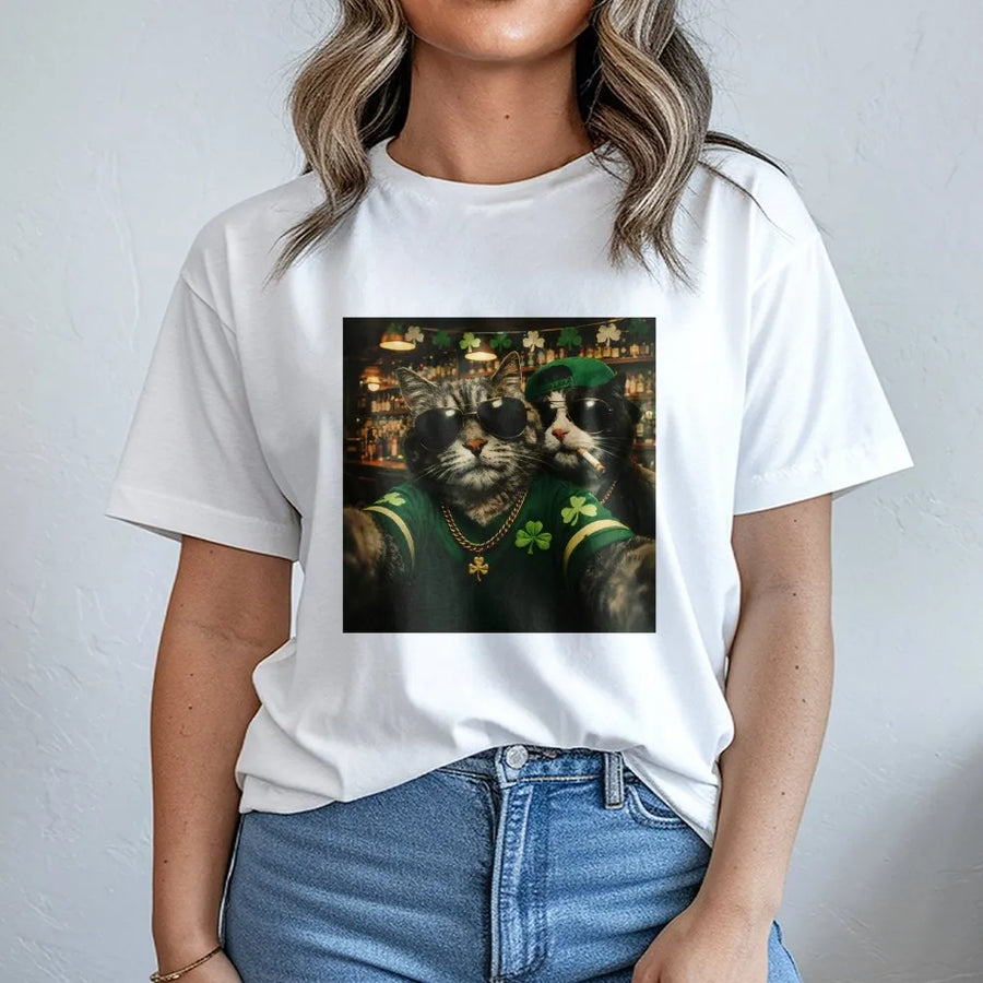 Funny Cat St. Patrick's Day T-Shirt | Cool Cats Wearing Sunglasses Selfie Graphic | Premium Cotton Unisex Tee | Irish Pub Party Gift For Him Her