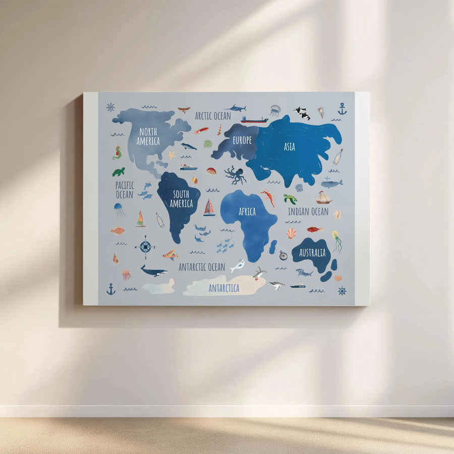 Kids World Map Canvas Print | Illustrated Ocean Animals & Continents | Premium Gallery Wrapped Art | Educational Nursery & Playroom Decor Gift