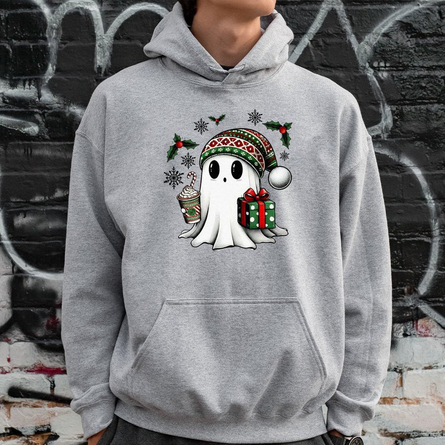 Christmas Ghost Hoodie | Cute Holiday Spooky Spirit Graphic | Cotton-Poly Blend Premium Apparel | Unisex Gift For Xmas Lovers