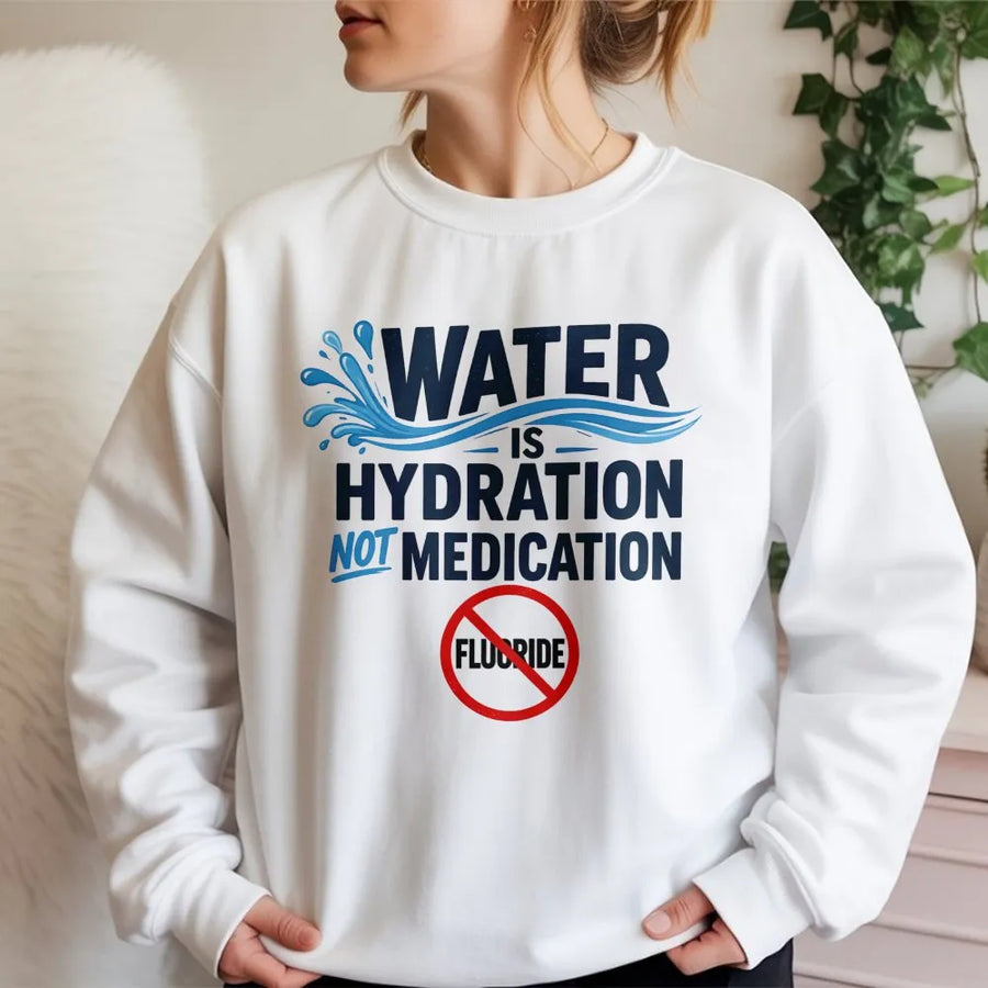 Water Is Hydration Not Medication Sweatshirt | No Fluoride Awareness Graphic | Premium Cotton Blend Crewneck | Unisex Health Activist Gift