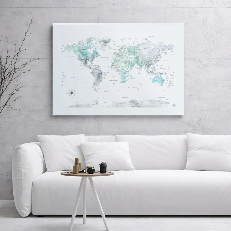 World Map Wall Art | Teal and Gray Watercolor Canvas Print | Gallery Wrap 1.25 Inch Thick | Modern Office Decor or Travel Enthusiast Gift