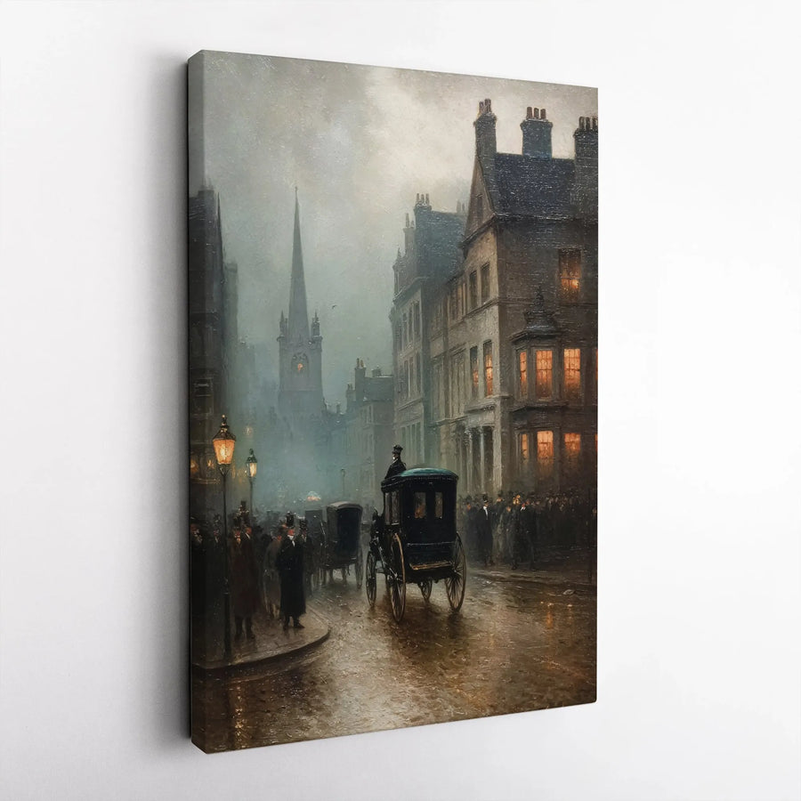 Victorian London Canvas Wall Art | Rainy City Scene with Horse and Carriage | Premium Gallery Wrap Canvas | Classic Home & Office Decor Gift