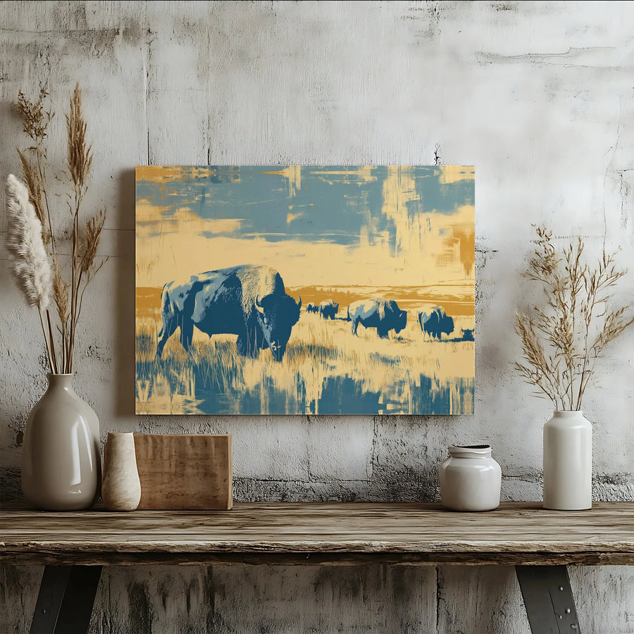 American Bison Canvas Art | Distressed Western Landscape Print | Premium 1.25" Thick Gallery Wrap | Wildlife Wall Decor for Home Office Gift