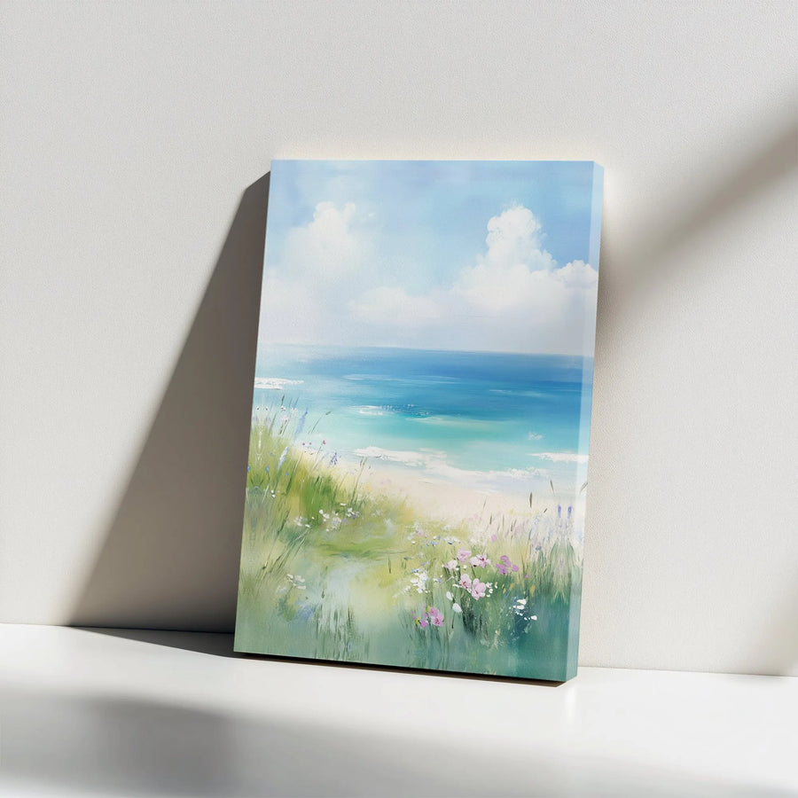 Coastal Beach Painting Canvas Wall Art | Wildflower Path to Ocean Seascape | Premium Gallery Wrapped Print | Modern Living Room Decor Gift