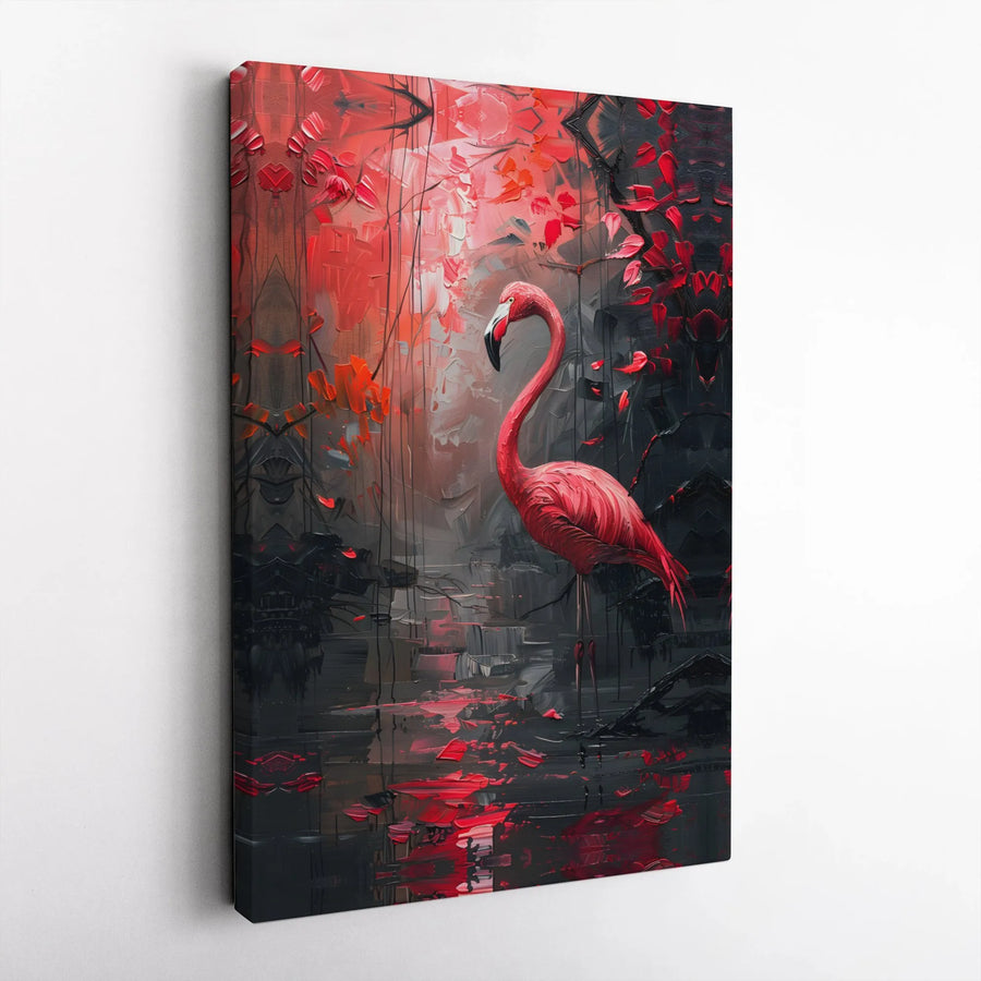 Abstract Flamingo Wall Art Canvas Print | Modern Red and Black Textured Art | Premium Gallery Wrapped Canvas | Living Room Decor Gift