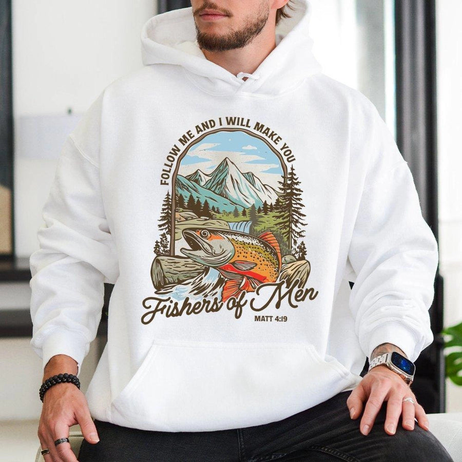 Fishers Of Men Hoodie | Matthew 4:19 Bible Verse Graphic | Premium Cotton Blend Sweatshirt | Christian Fishing Gift For Men And Women