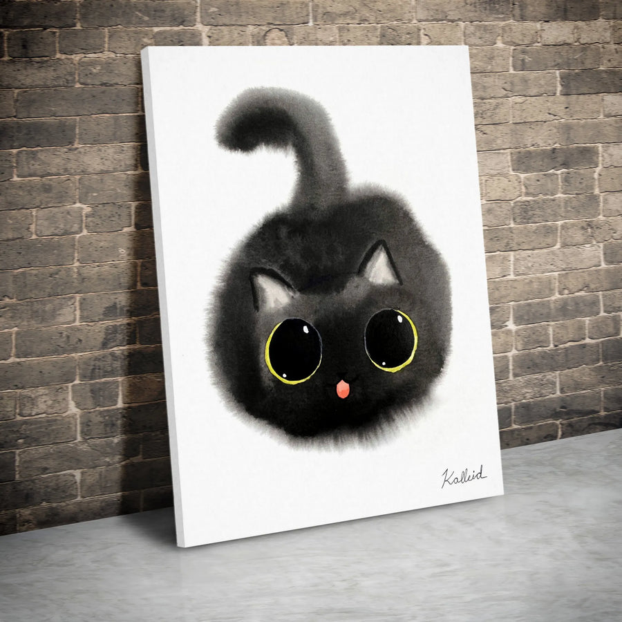 Cute Black Cat Wall Art | Fluffy Kitten Watercolor Illustration | Premium Gallery Wrapped Canvas | Minimalist Nursery and Home Decor Gift