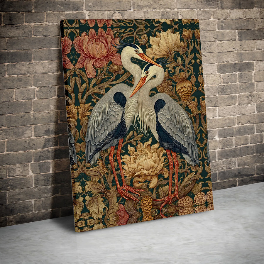 Heron Wall Art Canvas Print | Vintage Art Nouveau Floral Bird Illustration | Premium Gallery Canvas | Elegant Living Room Decor Gift