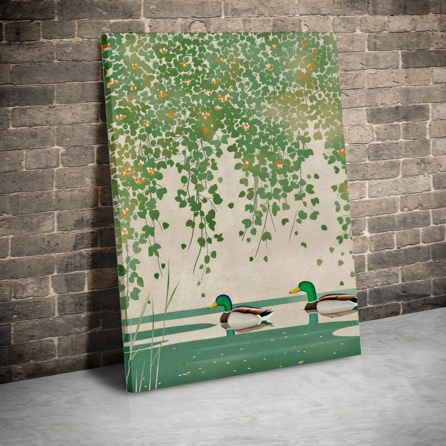 Vintage Mallard Duck Vertical Canvas | Serene Pond Botanical Illustration | Premium Gallery-Wrapped Art | Nature Lover Gift for Home Decor