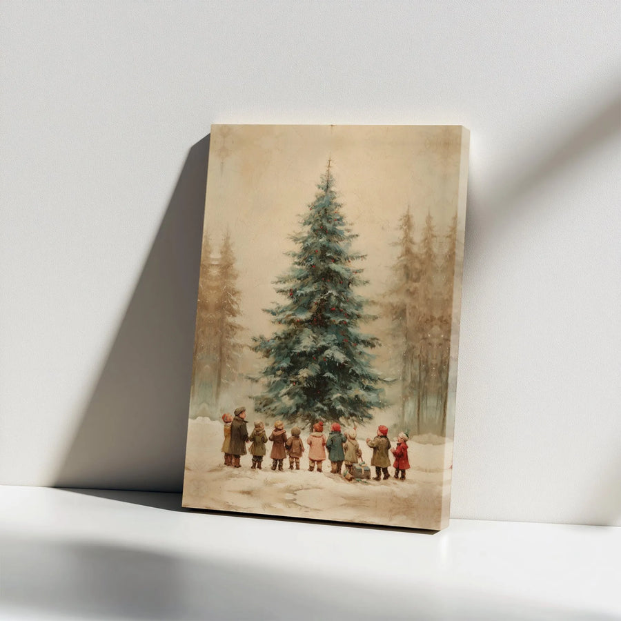 Vintage Christmas Tree Canvas Wall Art | Nostalgic Winter Forest Scene | Premium Gallery Wrap Print | Holiday Home Decor Gift For Families