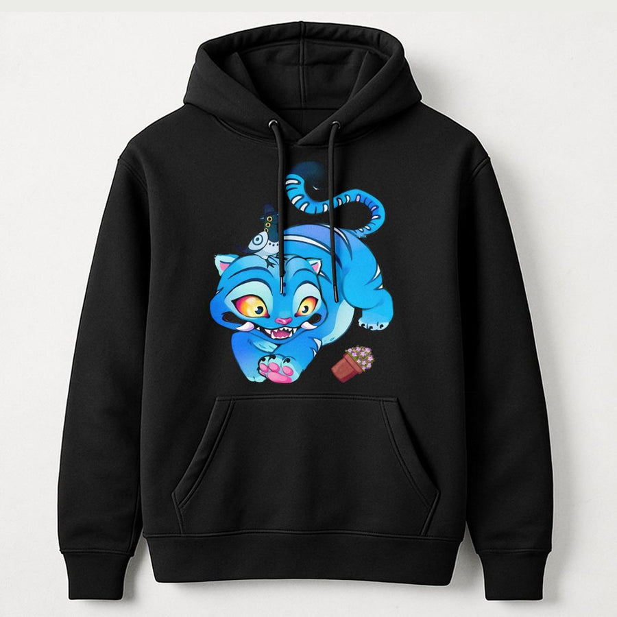 Derpy Blue Tiger Hoodie | Cute Cartoon Cat Graphic Art | Premium Cotton Blend Streetwear | Whimsical Animal Lover Gift for Teens and Adults