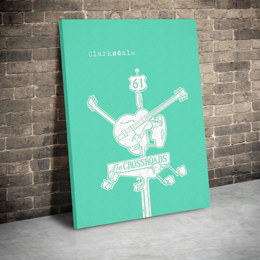 Clarksdale The Crossroads Canvas | Highway 61 Guitar Wall Art | Premium Gallery Wrapped Print | Blues Music Fan Gift