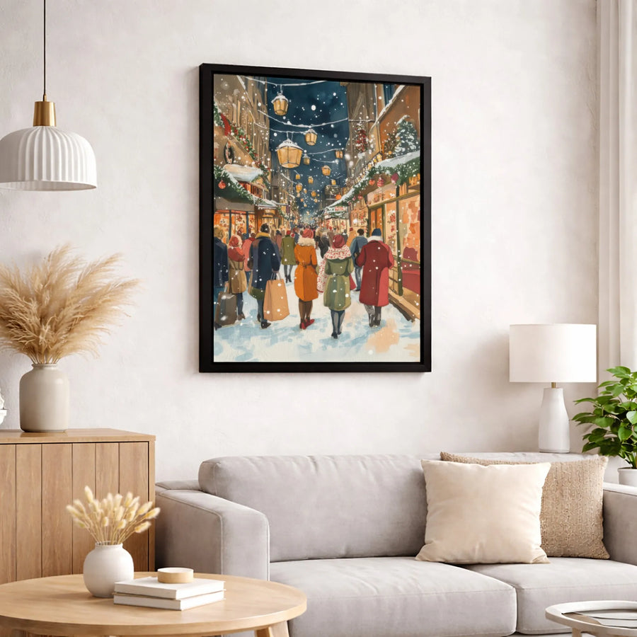 Christmas Street Canvas Print | Snowy Winter Cityscape Watercolor | Premium 1.25-Inch Gallery Wrap | Festive Holiday Wall Decor Gift