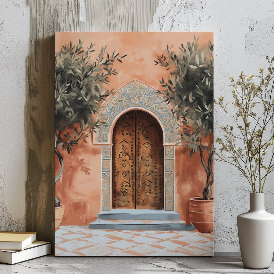 Moroccan Arched Doorway Canvas Wall Art | Mediterranean Olive Tree Decor | Premium Gallery Wrap Print | Bohemian Home Decor Gift For Her