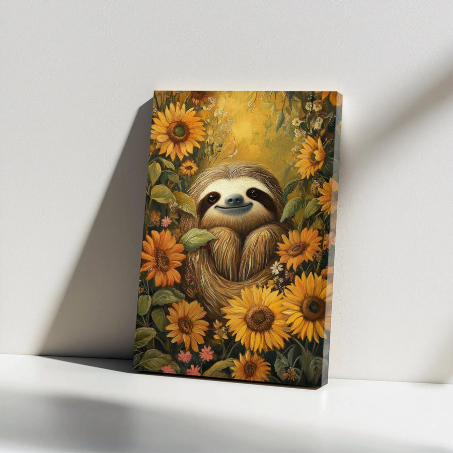 Smiling Sloth Sunflower Canvas Wall Art | Whimsical Animal Oil Painting Style | Premium Gallery Wrap Print | Nature-Inspired Home Decor Gift