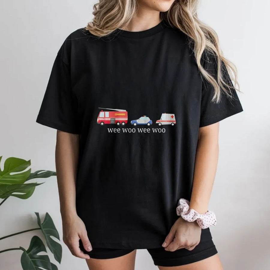 Wee Woo T-Shirt | Cute Emergency Vehicle Graphic Sweatshirt | Premium Cotton Blend | Gift for EMT Firefighter Police