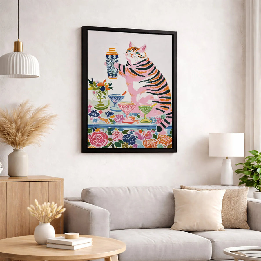 Pink Tiger Cat Canvas Wall Art | Whimsical Bartender With Cocktail Shaker | Premium Gallery-Wrapped Print | Unique Home Bar Decor Gift