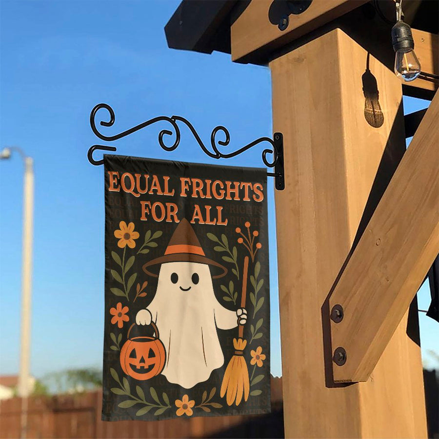 Equal Frights For All Garden Flag | Cute Ghost Witch Halloween Decor | Weather-Resistant Polyester | Seasonal Yard Sign Gift