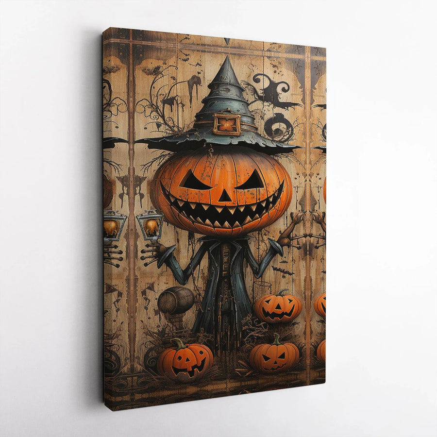 Spooky Halloween Jack-O'-Lantern Canvas | Witch Hat Scarecrow Art | Premium Gallery-Wrapped Print | Gothic Seasonal Home Decor Gift