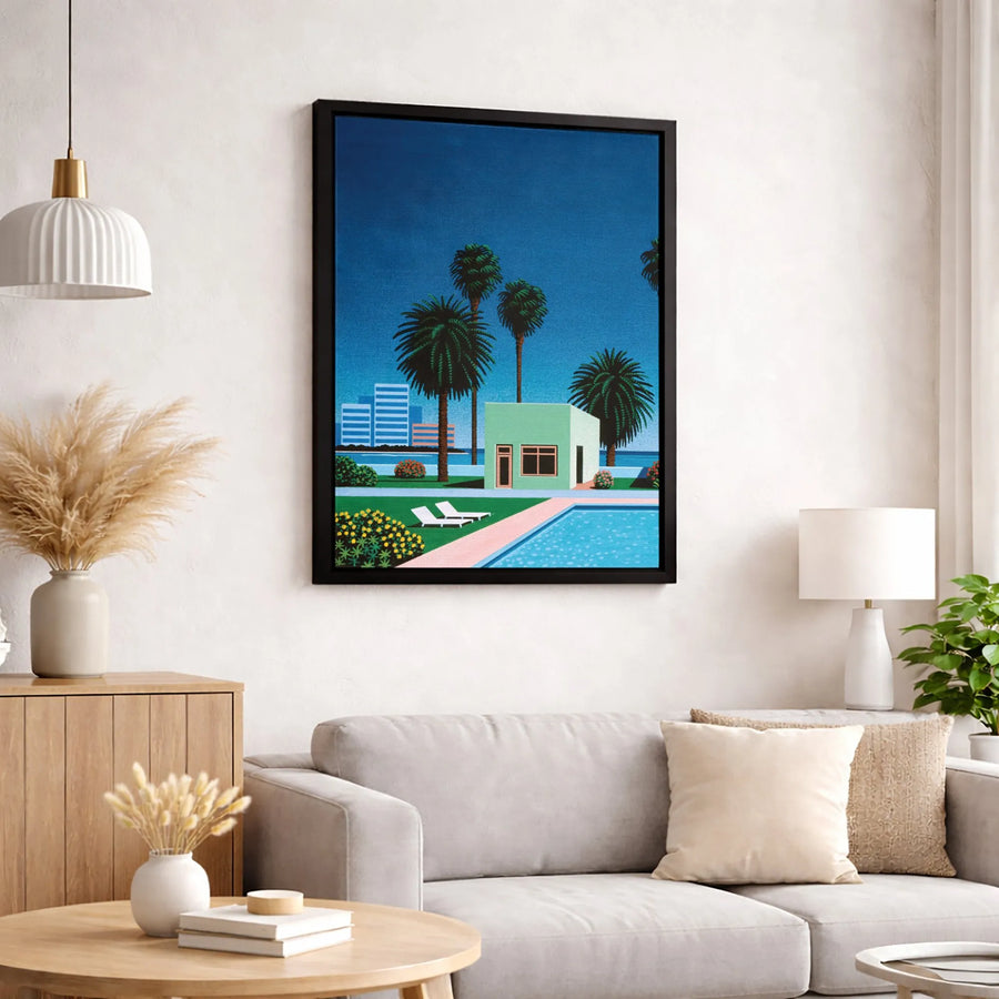 Retro Poolside Canvas Wall Art | Mid-Century Palm Tree Landscape | Premium Fade-Resistant Print | Aesthetic Home Office Decor