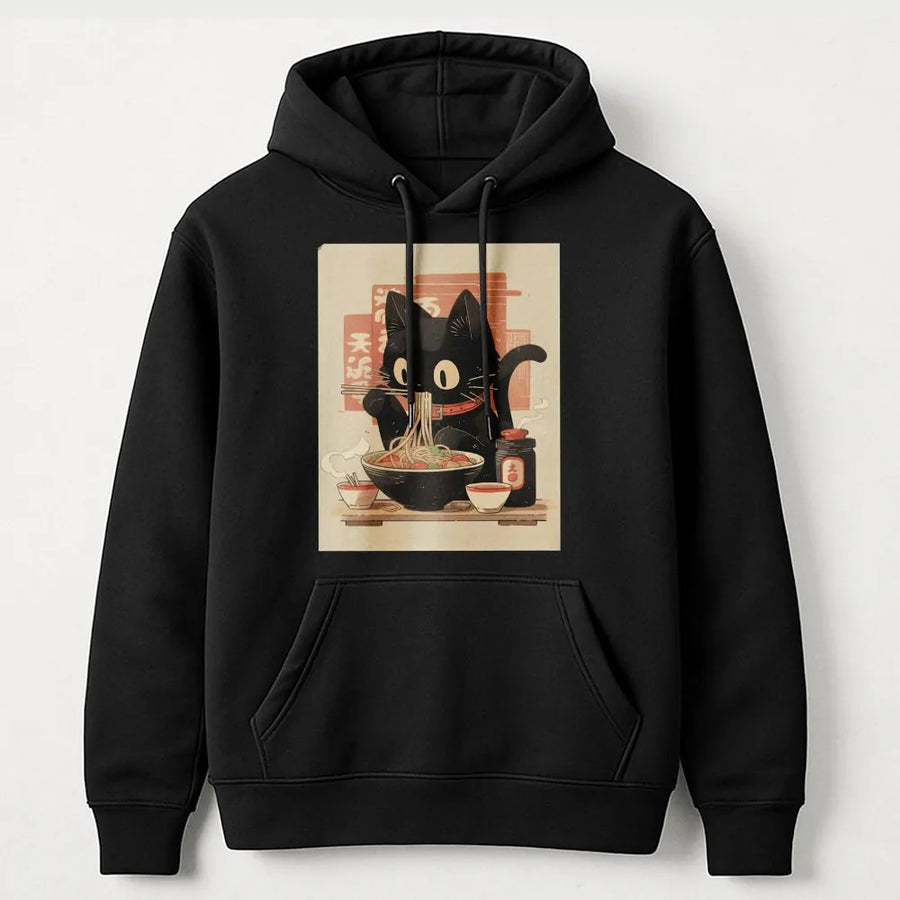 Ramen Cat Hoodie | Kawaii Japanese Noodle Eating Black Cat Graphic | Premium Cotton Blend | Aesthetic Anime Style Gift For Cat Lovers