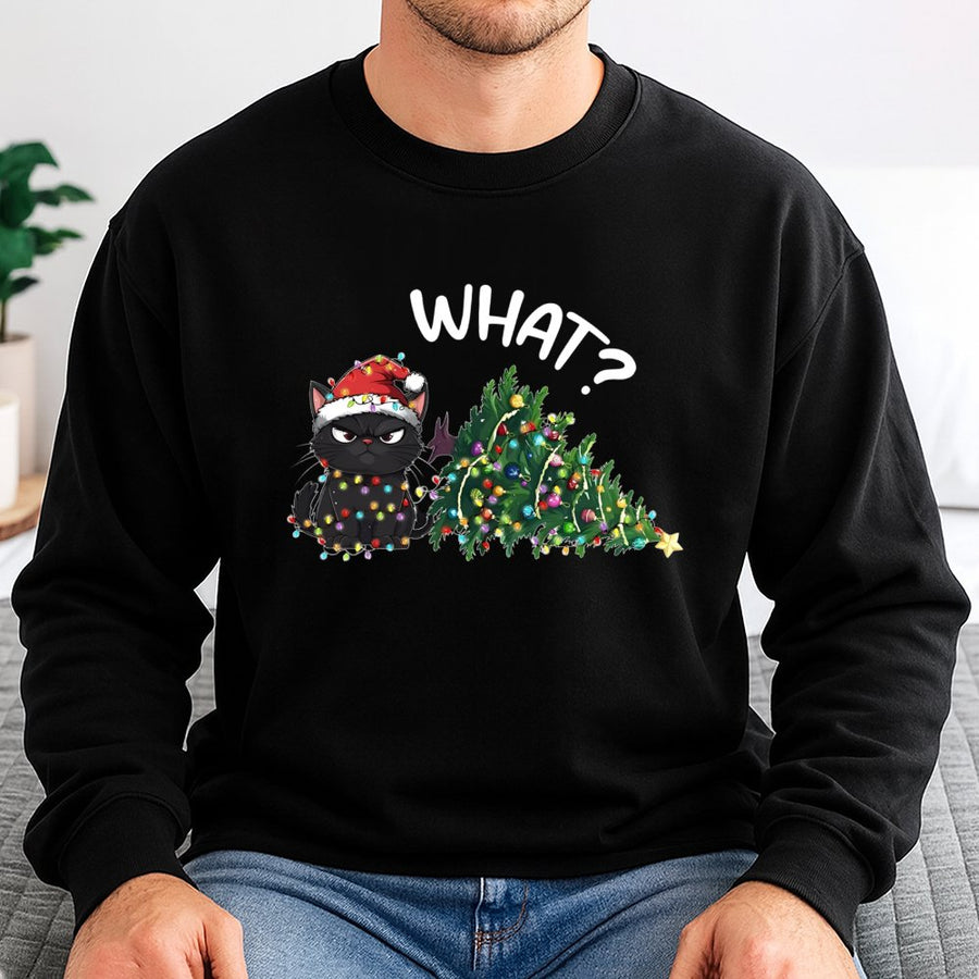 Grumpy Black Cat Christmas Sweatshirt | Funny What Cat Tree Design | Soft Cotton Blend Crewneck | Holiday Gift for Cat Lovers & Mom