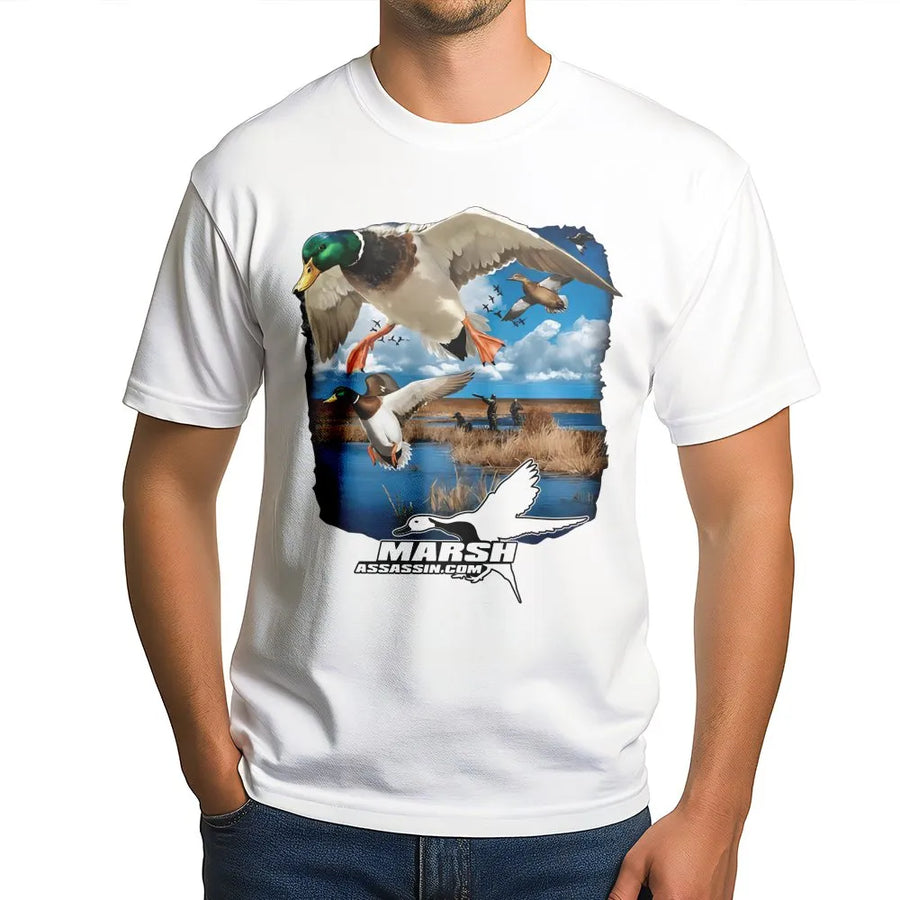 Duck Hunting T-Shirt | Mallard Waterfowl In Flight Design | Premium Soft Cotton Tee | Outdoor Adventure Gift For Hunters