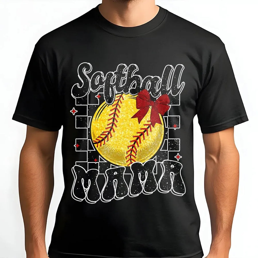 Softball Mama T-Shirt | Retro Checkered Game Day Shirt with Bow | 100% Cotton Premium Tee | Unique Sports Mom Gift for Her