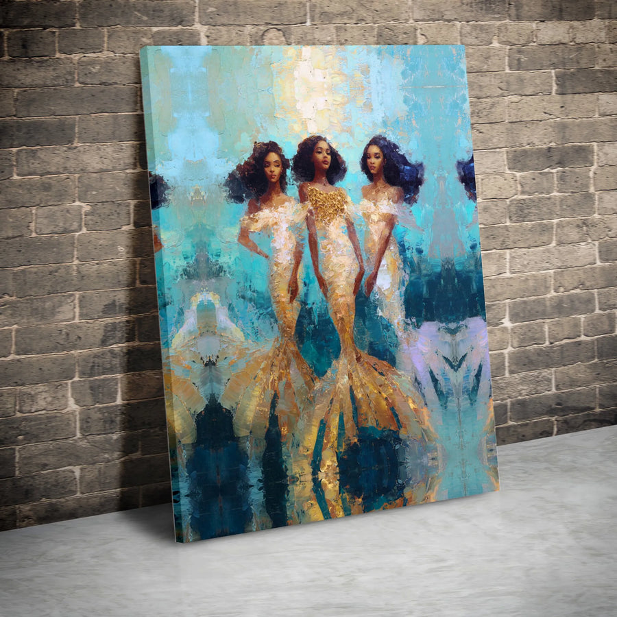 Black Mermaid Canvas Print | Abstract Goddess Trio Painting | Premium Gallery Wrapped Canvas | Afrocentric Living Room Decor Gift