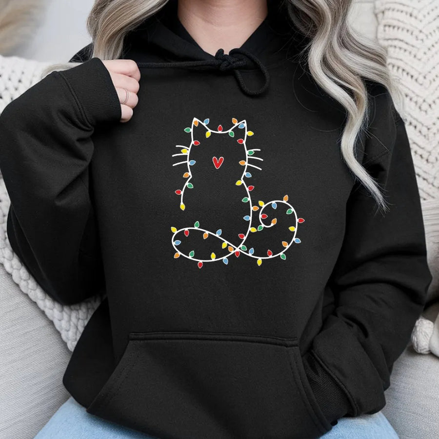 Cat Christmas Hoodie | Festive Holiday Fairy Lights Kitty Graphic | Soft Cotton-Blend Premium Fleece | Cute Gift for Cat Lovers