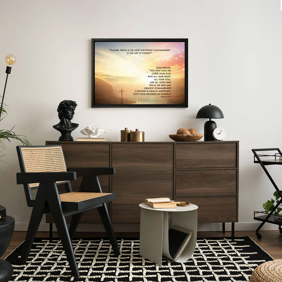 Matthew 22:36-39 Bible Verse Wall Art | Christian Cross at Sunset Design | Premium Gallery-Wrapped Canvas | Meaningful Religious Gift for Home Decor