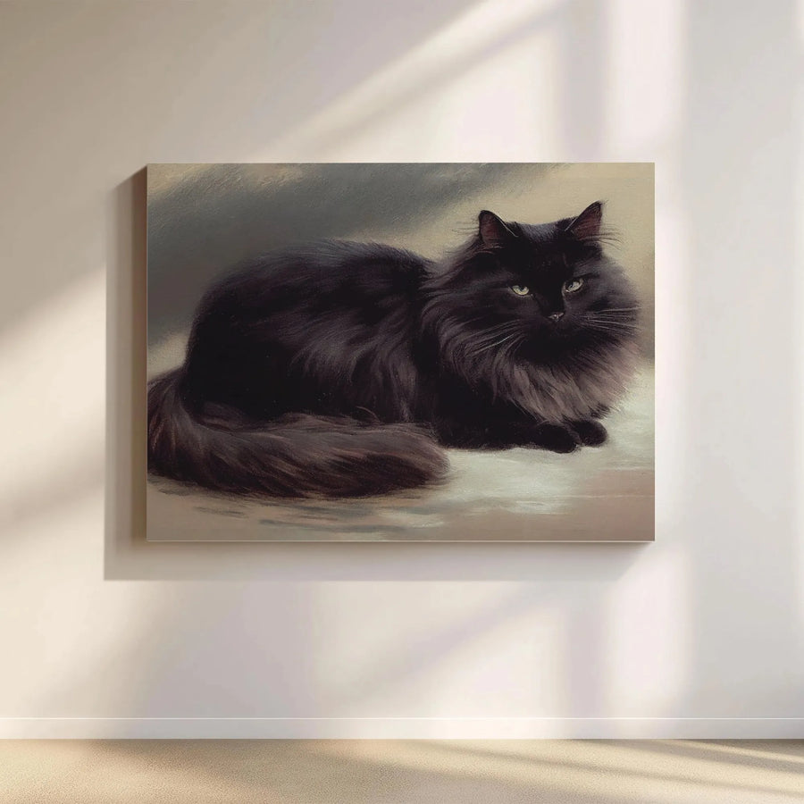 Black Cat Canvas Wall Art | Moody Fluffy Feline Oil Painting Style | Premium Gallery Wrap 1.25" Profile | Elegant Animal Portrait Gift for Cat Lovers