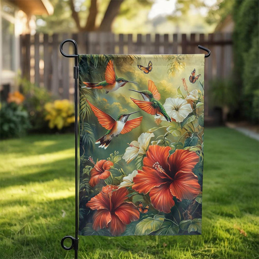 Hummingbird Garden Flag | Tropical Hibiscus Flowers & Butterflies | Weather-Resistant Premium Polyester | Vibrant Summer Yard Decor Gift
